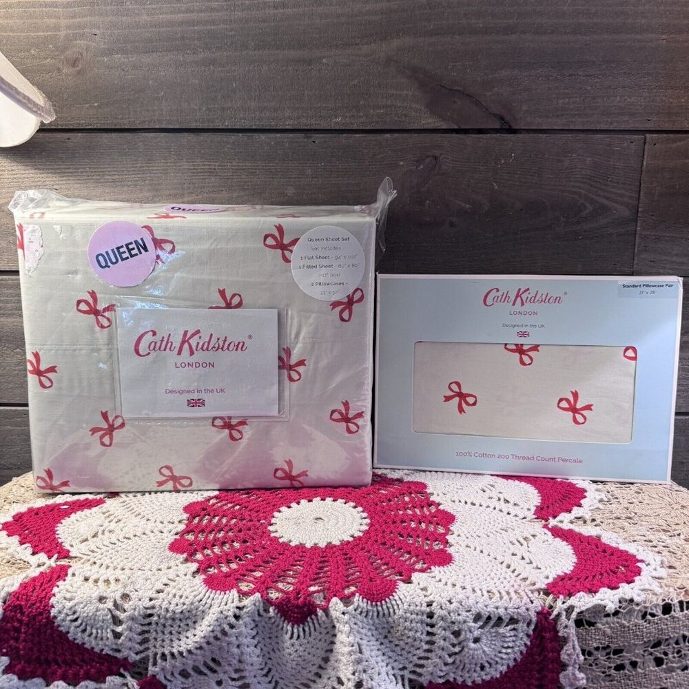 Cath Kidston London 6pc Queen Bow Ruby Sage Christmas Sheet Set Cotton- NEW